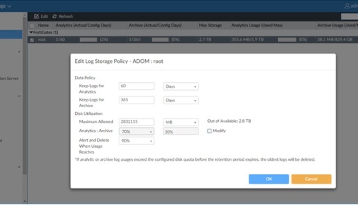 FortiAnalyzer 5.4 Storage Quota Limits for ADOM root