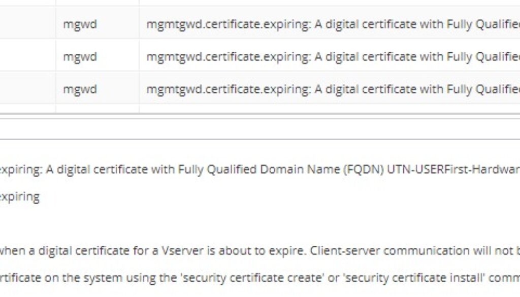 netapp ONTAP event log shows third party server-ca certificates expiring
