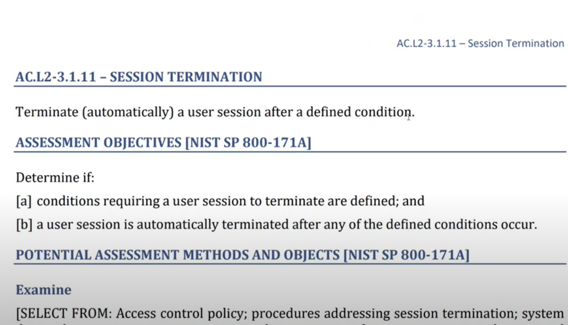 CMMC session and network termination requirements 3.1.11 3.13.9